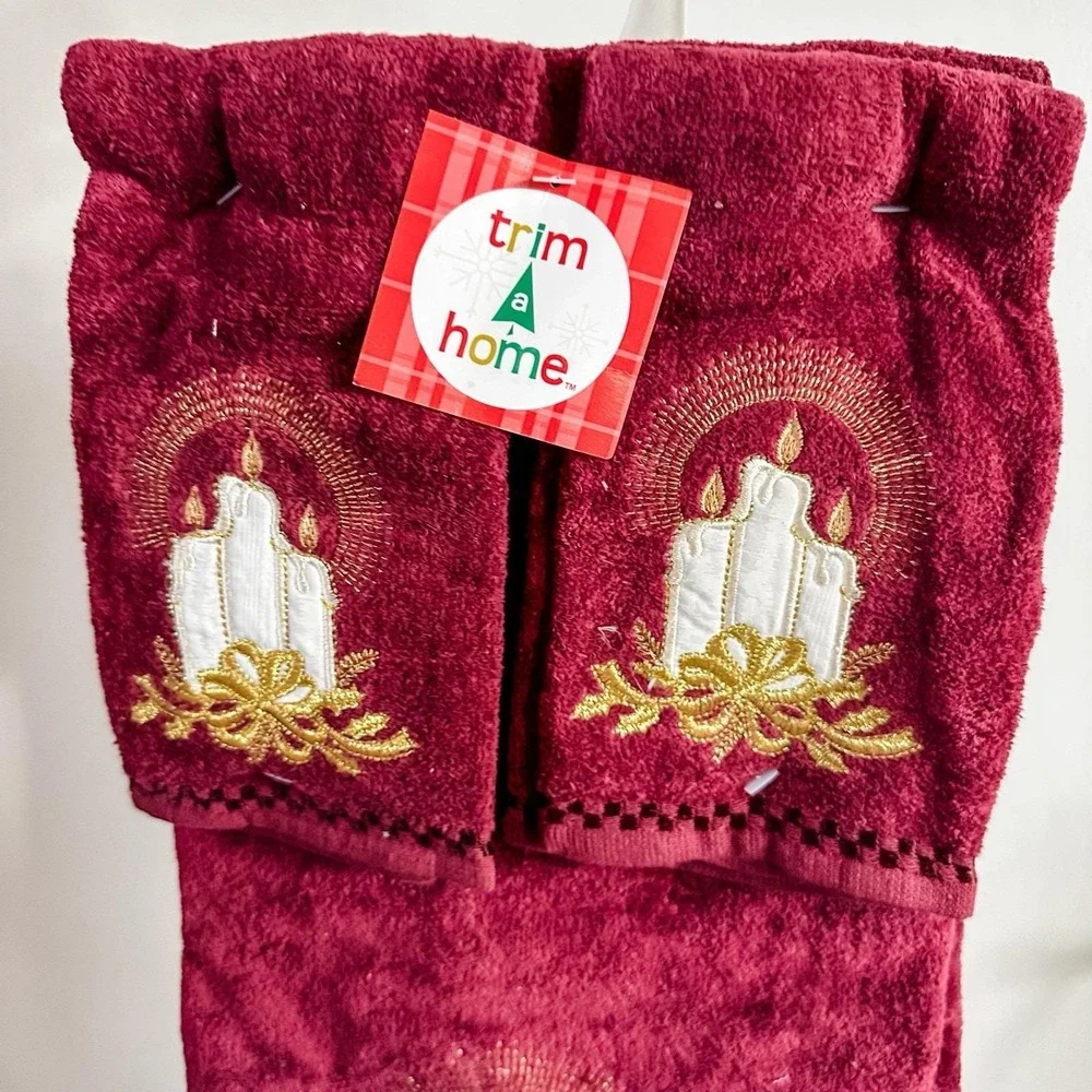 VTG New 90's Christmas‎ Decorative Towel Set Of 3 Burgundy Candles Kmart NOS